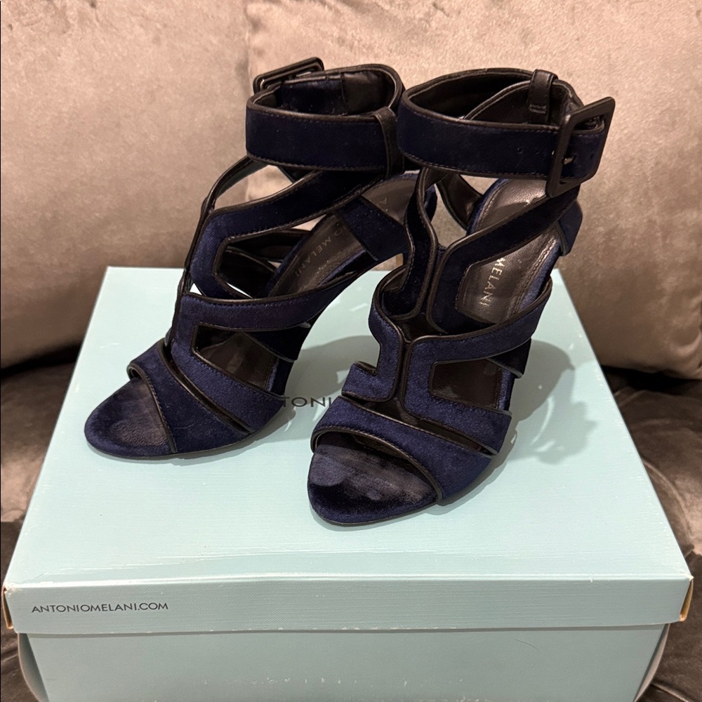 ANTONIO MELANI Navy Velvet Strappy Heels